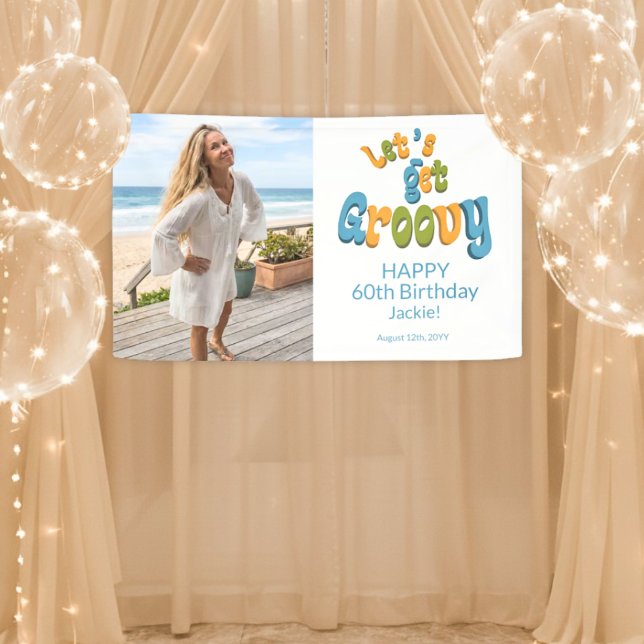 Gold Black Retro Groovy 60th Birthday Photo Banner (Von Creator hochgeladen)