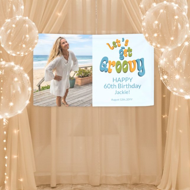 Gold Black Retro Groovy 60th Birthday Photo Banner (Von Creator hochgeladen)