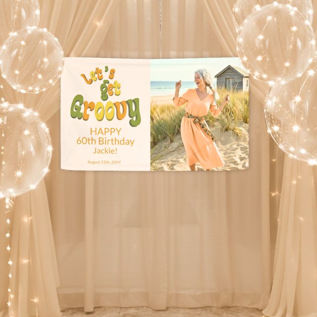 Gold Black Retro Groovy 60th Birthday Photo Banner (Von Creator hochgeladen)