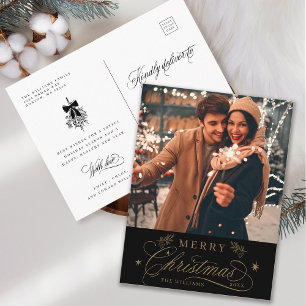 Gold & Black Romantic Frohe Weihnachts-Foto Postkarte