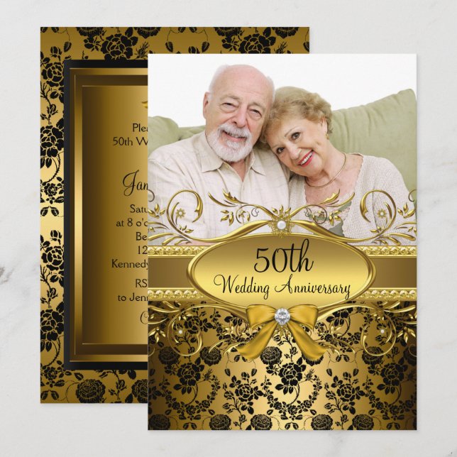 Gold Black Rose Foto 50 Jahre Einladung (Vorne/Hinten)