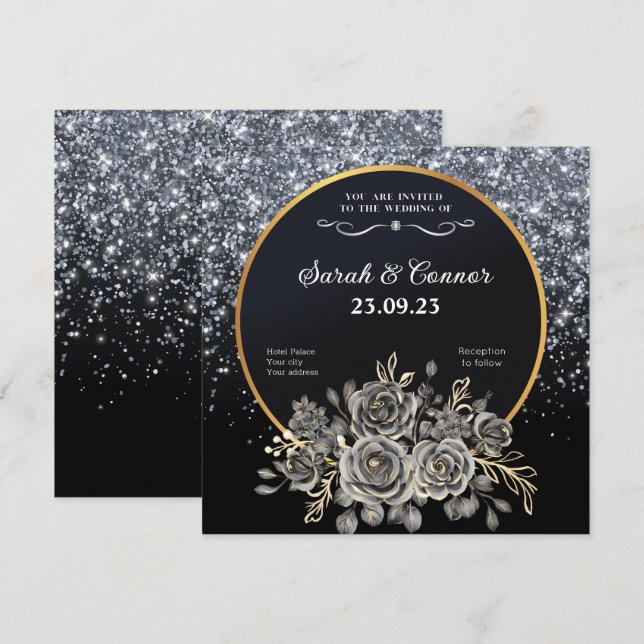 Gold Black Rose Silver Glitzer Einladung Hochzeit (Vorne/Hinten)