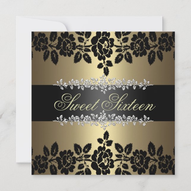 Gold & Black Rose Sweet 16 Anniversaire Invitation (Devant)