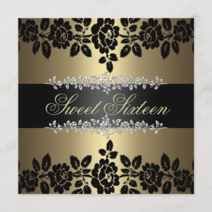 Gold & Black Rose Sweet 16 Anniversaire Invitation