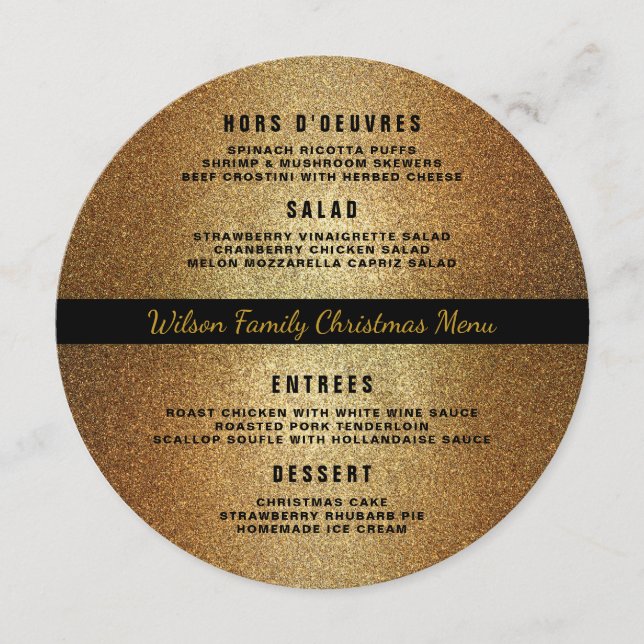 Gold Black Round Christmas Dinner Menü Vorlage (Vorderseite)