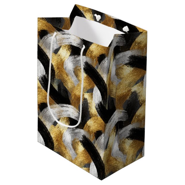 Gold Black Silver Glam Confetti Christmas Mittlere Geschenktüte (Vorderseite Schrägansicht)
