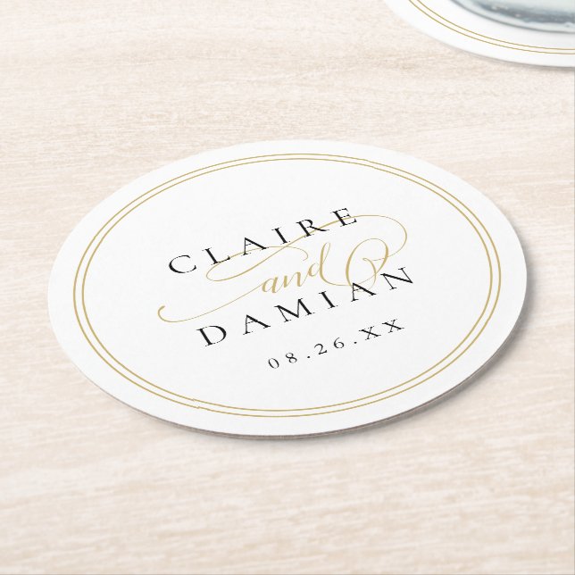 Gold Black Simple Elegance Romantische Script Hoch Runder Pappuntersetzer (Angewinkelt)