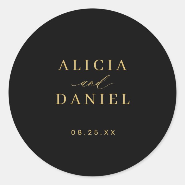 Gold black simple minimalist elegant wedding runder aufkleber (Vorderseite)