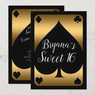 Gold & Black Spade Glam Casino Sweet 16 Party Einladung