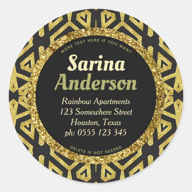 Gold Black Sparkle Bold Pattern Rücksendeadresse Runder Aufkleber (Vorderseite)