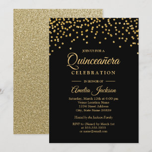 Gold Black Sparkle Confetti Quinceanera Einladung