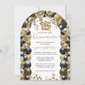 Gold Black Sparkle Quinceanera Ballon Einladung