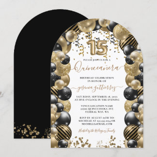 Gold Black Sparkle Quinceanera Ballon Einladung