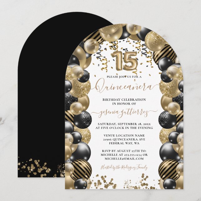 Gold Black Sparkle Quinceanera Ballon Einladung (Vorne/Hinten)