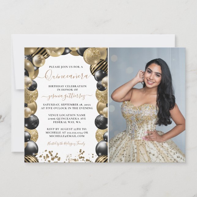 Gold Black Sparkle Quinceanera Balloon Foto Invit Einladung (Vorderseite)