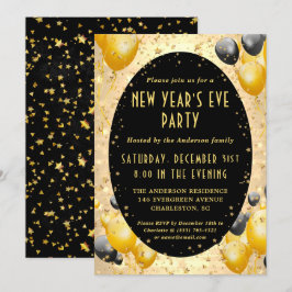 Gold Black Sparkling Stars Silvester Party Einladung