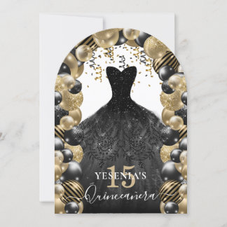 Gold Black Sparkress Quinceanera Ballon Einladung