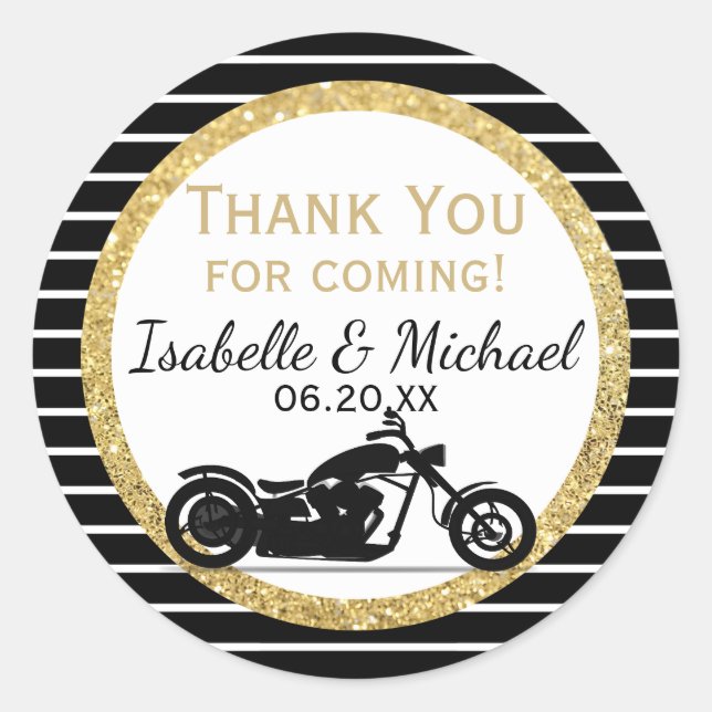 Gold Black Stripes Motorrad Hochzeitskleber Runder Aufkleber (Vorderseite)