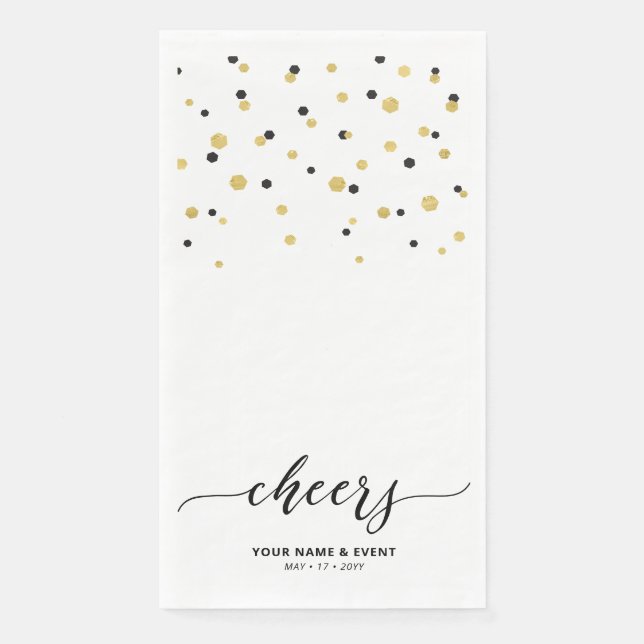 Gold & Black Stylish Script Confetti Cheers Party Serviette (Vorderseite)