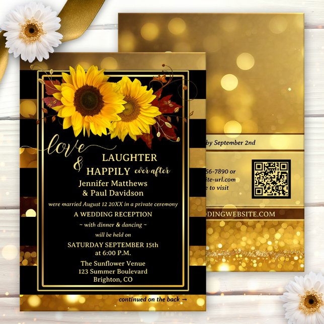 Gold Black Sunflower Happily Ever After Wedding Einladung (Happily ever after wedding invitation featuring sunflowers and autumn leaves on chic black)