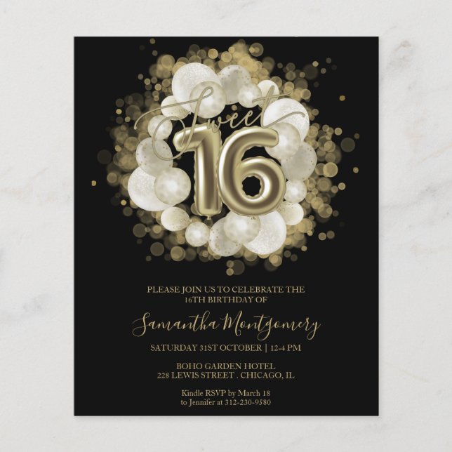 Gold Black Sweet 16 Einladungen zum Budget (Vorderseite)
