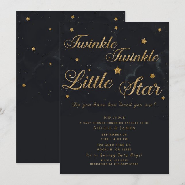 Gold Black Twinkle Stars Night Sky Baby Dusche Einladung (Vorne/Hinten)