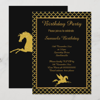 GOLD Black Unicorn Mermaid Hintergrund Geburtstag Einladung