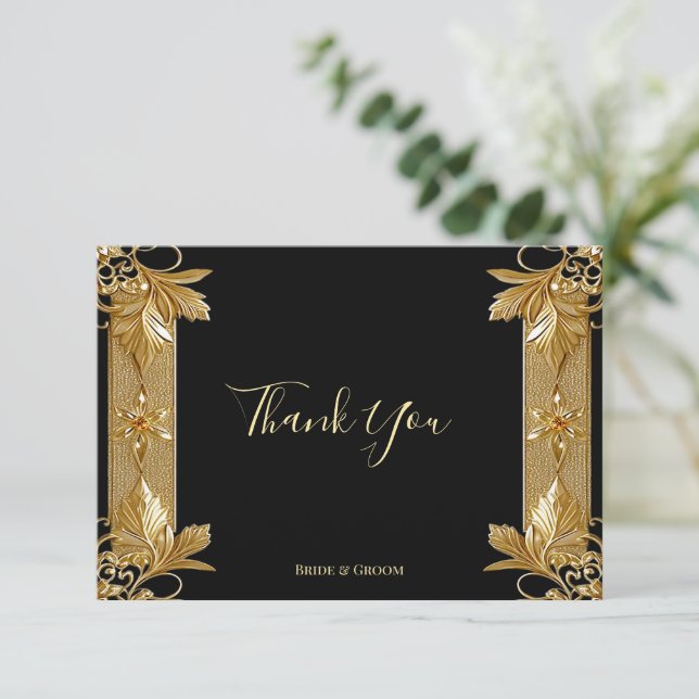 Gold Black Verziert Floral Dankeschön Karte (Stehend Vorderseite)