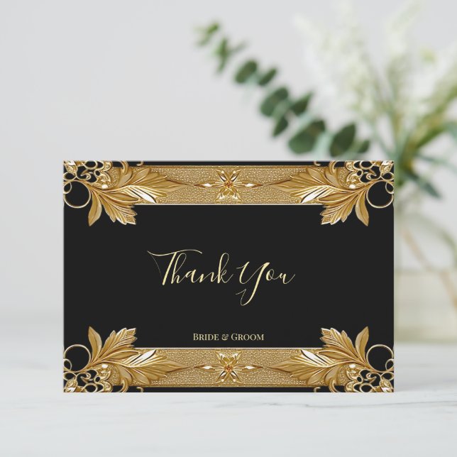 Gold Black Verziert Floral Dankeschön Karte (Stehend Vorderseite)