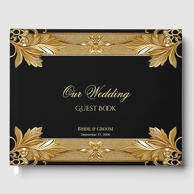 Gold Black Verziert Floral Guest Book Gästebuch (Vorderseite)