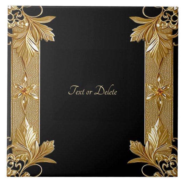 Gold Black Verziert Floral Keramik Tile Fliese (Vorderseite)