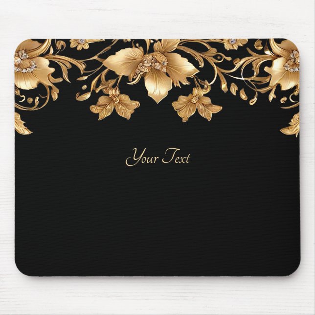 Gold Black Verziert Floral Mousepad (Vorne)