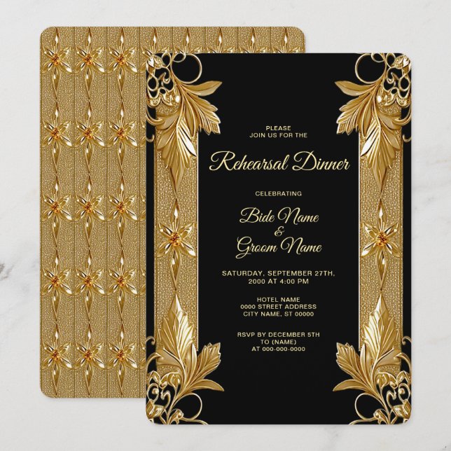 Gold Black Verziert Floral Probe Dinner Einladung (Vorne/Hinten)