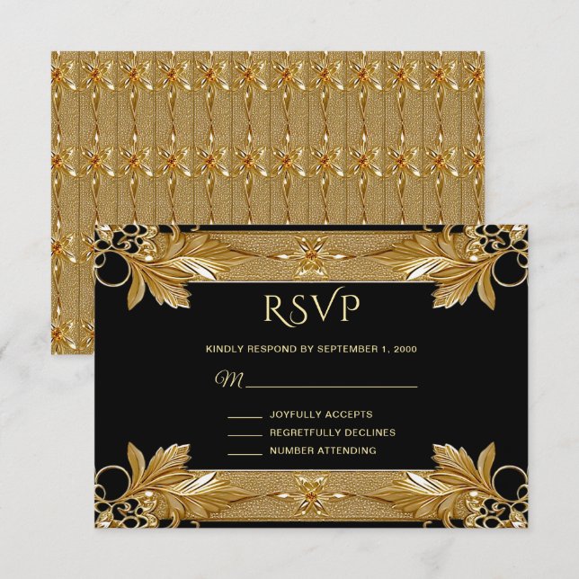 Gold Black Verziert Floral RSVP Card (Vorne/Hinten)