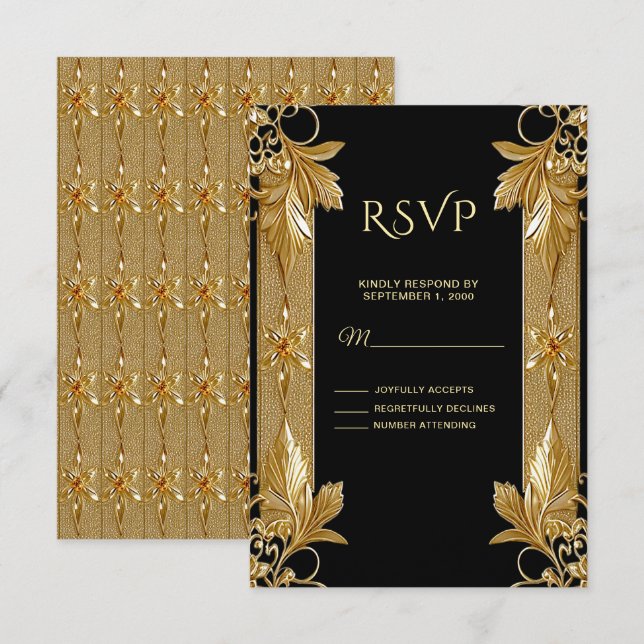 Gold Black Verziert Floral RSVP Card (Vorne/Hinten)