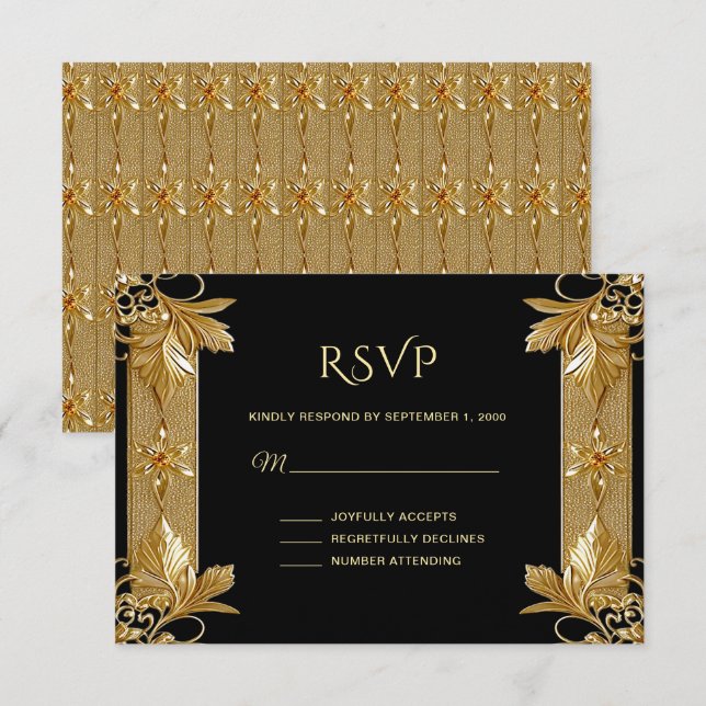 Gold Black Verziert Floral RSVP Card Karte (Vorne/Hinten)
