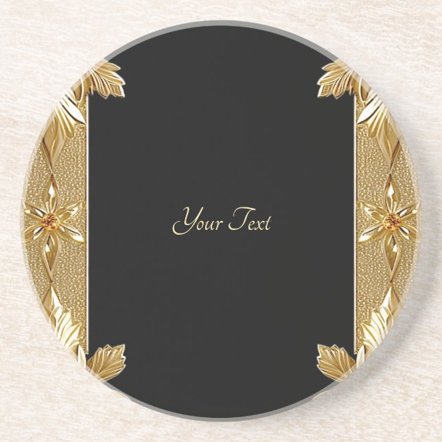 Gold Black Verziert Floral Sandstone Untersetzer (Vorne)