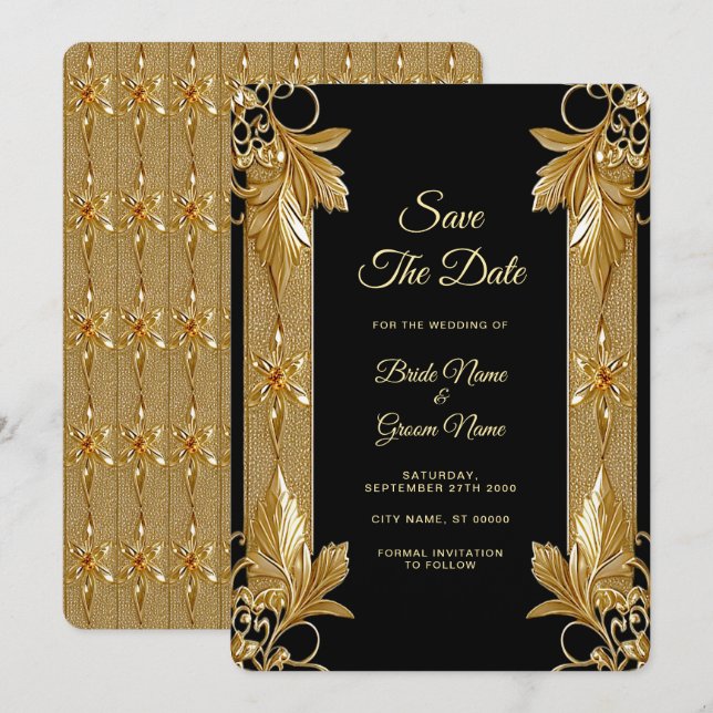Gold Black Verziert Floral Save the Date (Vorne/Hinten)