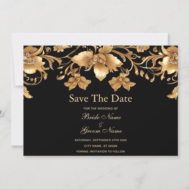 Gold Black Verziert Floral Save the Date (Vorderseite)
