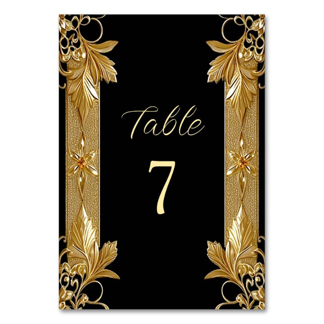 Gold Black Verziert Floral Tischnummer (Vorderseite)