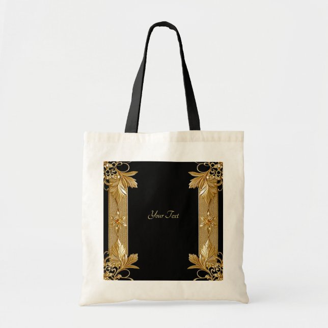 Gold Black Verziert Floral Totbeutel Tragetasche (Vorne)