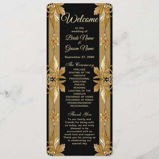 Gold Black Verziert Floral Wedding Program Programm (Vorderseite)