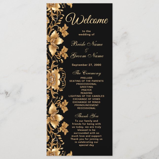 Gold Black Verziert Floral Wedding Program Programm (Vorderseite)