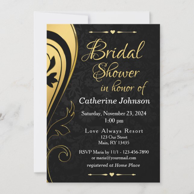 Gold Black Wedding Bridal Dusche Einladungskarte (Vorderseite)