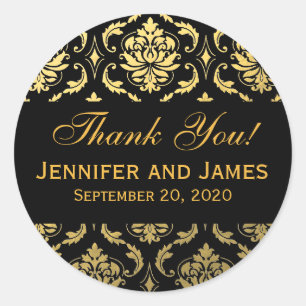 Gold Black Wedding Damask Vielen Dank Label Runder Aufkleber