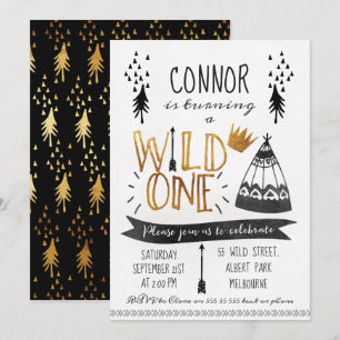 Gold Black Wild One Boys 1er Birthday Invitation