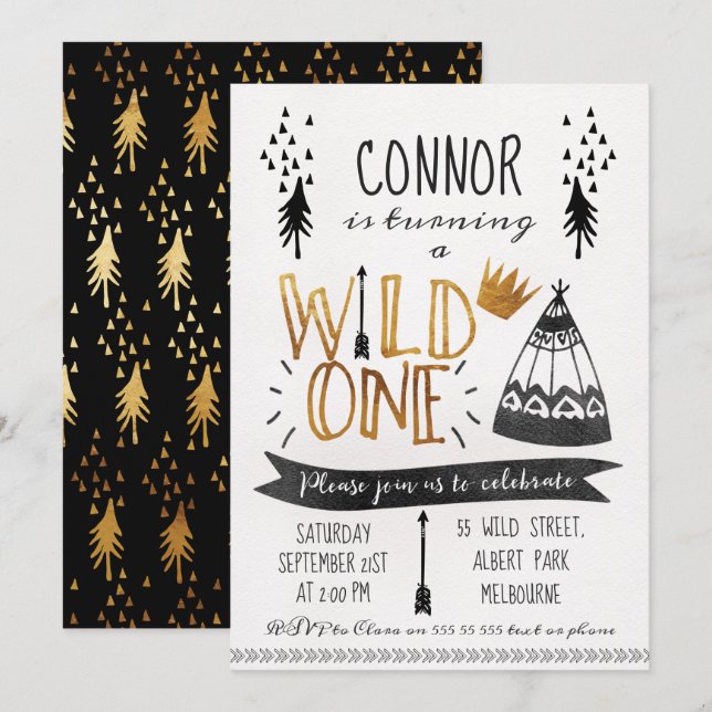 Gold Black Wild One Boys 1st Birthday Invitation (Devant / Derrière)