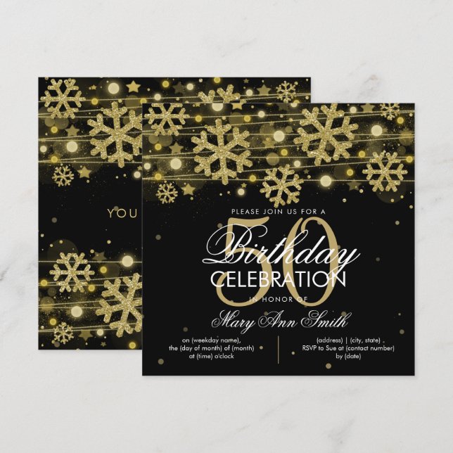 Gold Black Winter Glitzer Glam 50. Geburtstag Einladung (Vorne/Hinten)