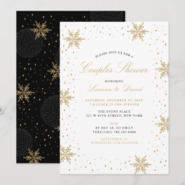 Gold & Black Winter Snow Paare Polterabend Einladung (Vorne/Hinten)
