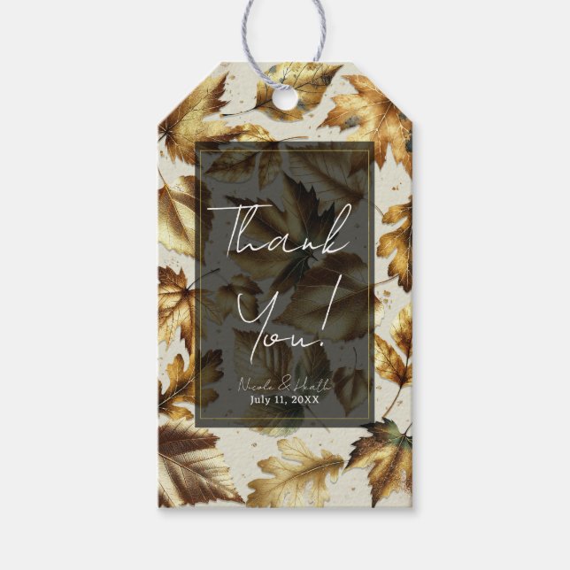 Gold Blätter Almond Beige & Black Glam Hochzeit im Geschenkanhänger (Vorderseite)